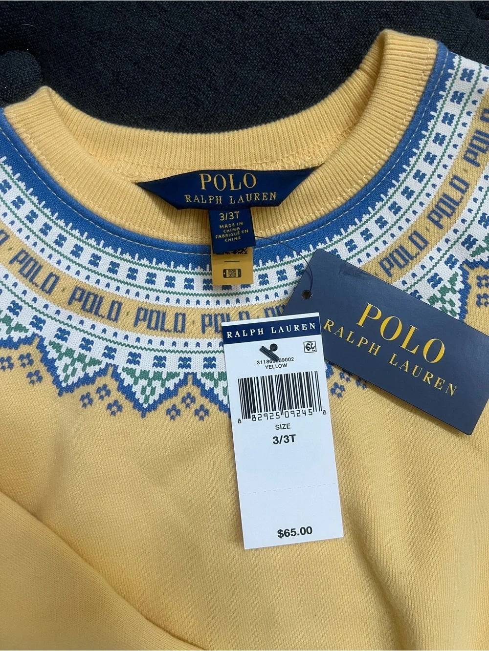 Ralph Lauren Yellow Sweater with Blue Fair Isle Yoke